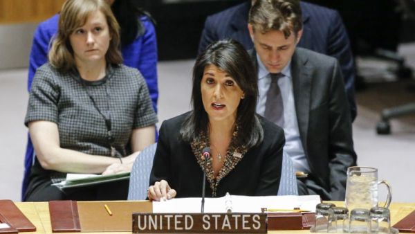 U.S. Ambassador to the U.N. Nikki Haley speaks during a U.N. Security Council meeting over the situation in the Middle East on Dec. 18, 2017, at U.N. Headquarters in New York (KENA BETANCUR/AFP)