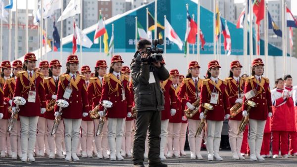 A North Korean cheering band attends a welcoming ceremony for North Korea's athletes at the athletes' village in Gangneung on Feb. 8, 2018, ahead of the Pyeongchang 2018 Winter Olympic Games (YELIM LEE / AFP)