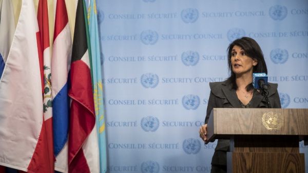 U.S. ambassador to the United Nations Nikki Haley speaks during a brief press availability at United Nations headquarters, Jan. 2, 2018 in New York City. She discussed protests in Iran and the North Korea nuclear threat (Drew Angerer/Getty Images/AFP)