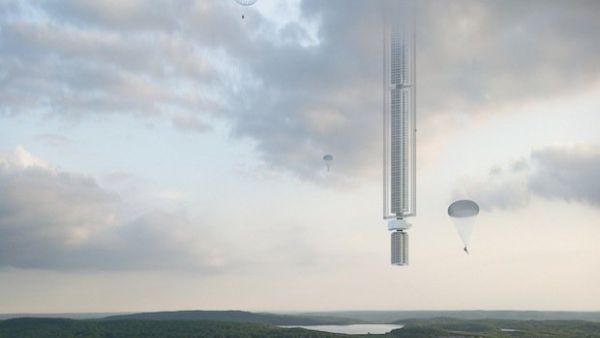 Analemma Tower, created by Clouds Architecture Office, will be suspended from an orbiting asteroid. (Cloudsao)