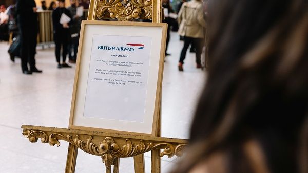 In honour of the arrival of the baby boy, the airline put a replica of the royal easel in its arrivals hall at Heathrow Terminal 5 to share the happy news with customers who had just landed from their flights. In honour of the arrival of the baby boy, the airline put a replica of the royal easel in its arrivals hall at Heathrow Terminal 5 to share the happy news with customers who had just landed from their flights.