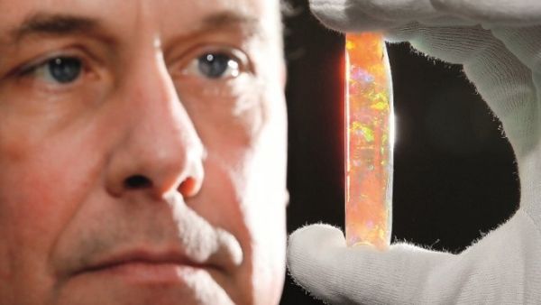 South Australian Museum Director Brian Oldman with the Virgin Rainbow opal — one of the highlights of the exhibition. (Peninsula)