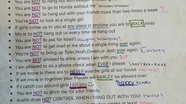 It includes rules such as not taking longer than 10 minutes to text her back and if she catches him hanging around other girls she will 'kill' him (dailymail)