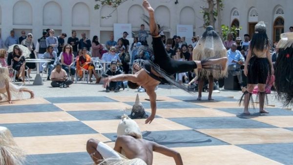 Lopez’s “Pataki 1921” references colonialism’s regimentation of Caribbean life, as well as the region’s African heritage. (Image courtesy of Sharjah Art Foundation)
