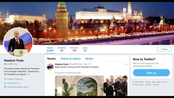 The Twitter account @PutinRF_Eng attracted more than one million followers and was left undetected for six years (Twitter)