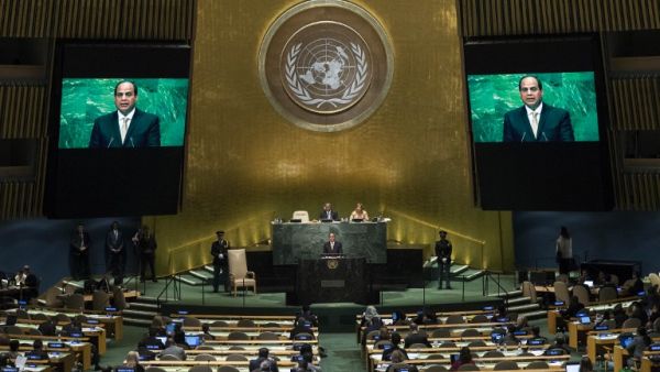 Egyptian President Abdel Fattah Al Sisi addresses the United Nations General Assembly at the UN headquarters, September 20, 2016 in New York City. (AFP/Drew Angerer)