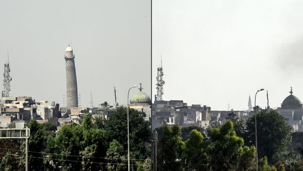 The destruction of the Al-Hadba minaret in Mosul by IS. (AFP)