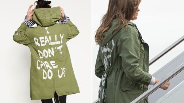“I REALLY DON’T CARE, DO U?” written on the back of Melania’s jacket (Twitter)