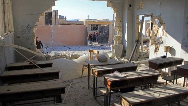 A general view shows a damaged classroom at a school after it was hit in an air strike in the village of Hass, in the south of Syria's rebel-held Idlib province on October 26, 2016. (AFP/Omar Haj Kadour)