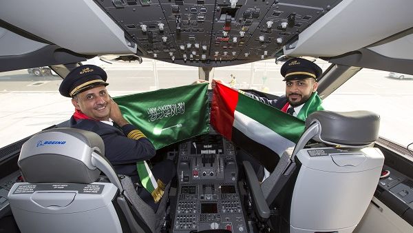 Etihad Airways Captain Mohammed Awadh Alanzi, a Saudi National and First Officer Mansoor Mohamed Al Hammadi, Emirati, celebrate Saudi Arabia National Day.