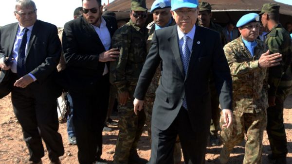 UN Secretary General Ban Ki-Moon leaves a meeting about Western Sahara in arch 5, 2016, near a UN base in Bir-Lahlou, Algeria. (AFP/Farouk Batiche)