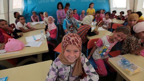 The Bahrain Academic Complex was the first school in the Zaatari refugee camp and houses 16 classrooms and one nursery. (Xinhua/Mohammad Abu Ghosh)