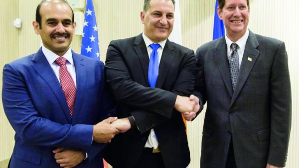 President and CEO of Qatar Petroleum Saad Sherida Al Kaabi (left) with ExxonMobil and Cypriot officials at the signing ceremony. (The Peninsula) 