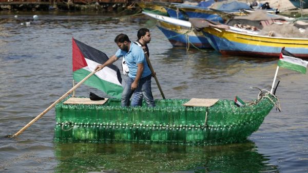 A Palestinian boat made of recycled bottles. (AFP/File)