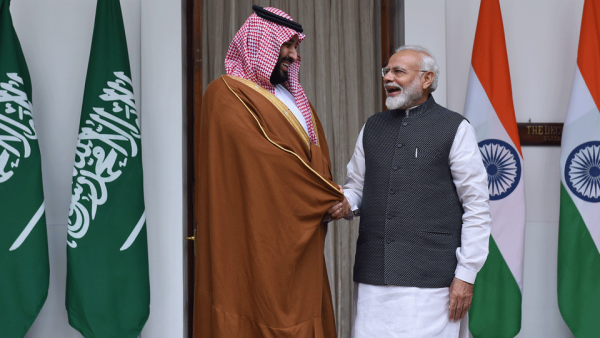 Indian Prime Minister Narendra Modi shakes hands with Saudi Crown Prince Mohammed bin Salman prior to a meeting at Hyderabad House in New Delhi on February 20, 2019. (AFP)