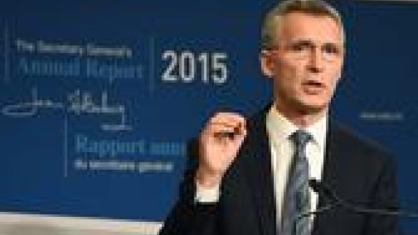 NATO Secretary General Jens Stoltenberg presents the 2015 NATO annual report during a press conference in Brussels, January 28, 2016. (AFP/Emmanuel Dunand)