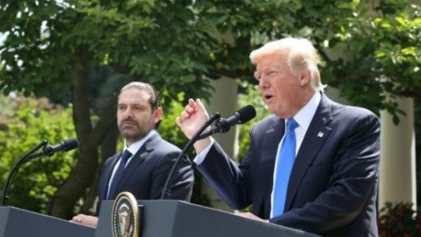 الرئيس الاميركي دونالد ترامب (يمين) خلال مؤتمر صحافي مشترك في حديقة البيت الابيض مع رئيس الوزراء اللبناني سعد الحريري

