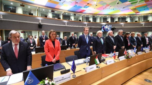UN Secretary General, EU foreign policy chief and international representatives are seen while attending an EU-Syria conference on supporting the future of the region in Brussels. (AFP/ File Photo)
