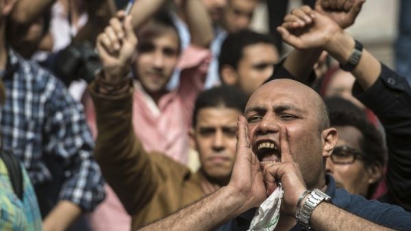 Egyptian journalists protest outside of Syndicate headquarters in Cairo on World Press Freedom day. (AFP/Khaled Desouki) Egyptian journalists protest outside of Syndicate headquarters in Cairo on World Press Freedom day. (AFP/Khaled Desouki)