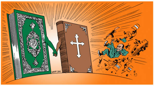 Cartoon, 2011: Christians and Muslims united in Egypt (Latuff/Wikimedia Commons)