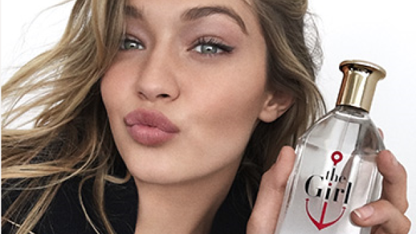 Ahoy there! Gigi dons a sailor suit for the nautical-themed perfume ad. (Tommy Hilfiger)
