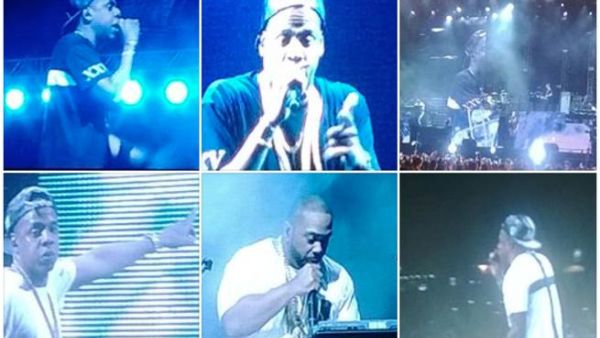 Jay Z and Timbaland sweating it out on stage, which they were well rewarded for with lots of free gifts (Image: Twitter)