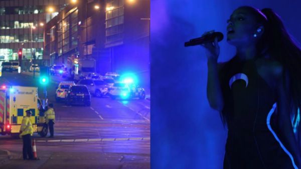 Right: Ariana Grande performing four days ago. Left: Police arrive at scene after explosion. (Paul ELLIS / AFP / Instagram / ArianaGrande)