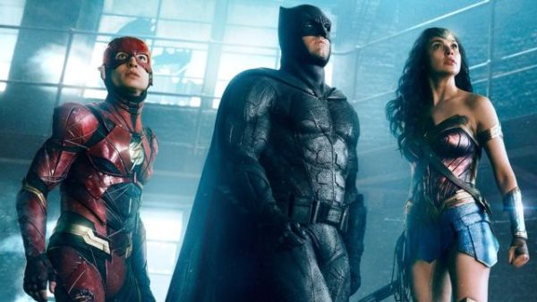 Flash, Batman, and Wonder Woman pose heroically in the "Justice League" movie. (Warner Bros. Pictures)