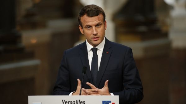 French President Emmanuel Macron delivers a joint press conference following his meeting with his Russian counterpart at the Versailles Palace, near Paris, on May 29, 2017. (AFP/Geoffery Van Der Hasselt)