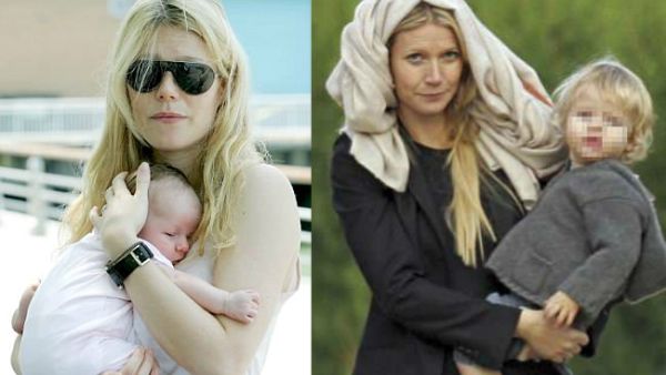 Two experiences: Paltrow said she was 'euphoric' after the birth of daughter Apple in 2004, left, which made the depression after the birth of son Moses in 2006, right, so 'shocking'