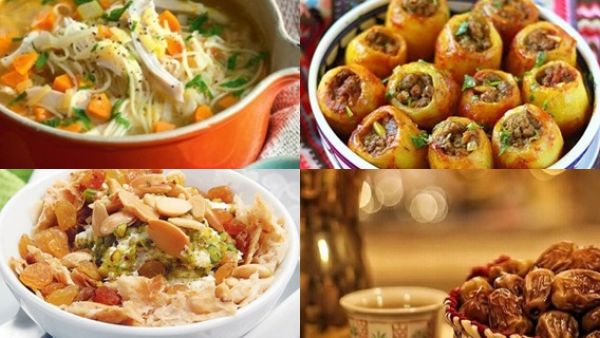 شوربة دجاج بالنودلز، محشي بطاطا وأم علي شوربة دجاج بالنودلز، محشي بطاطا وأم علي