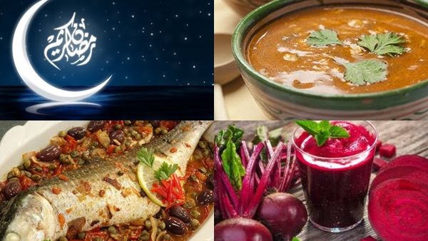 شوربة الحريرة، سمك مع الزيتون، وعصير الشمندر 