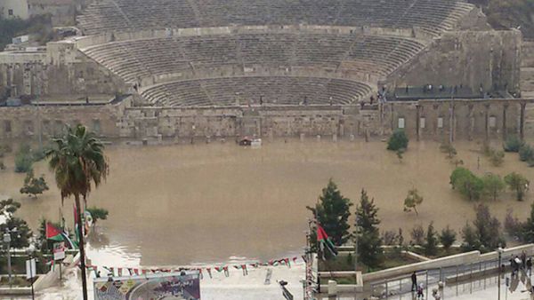 Jordan's Roman Amphitheater, located downtown, was flooded by massive rainwater Thursday. (Facebook)