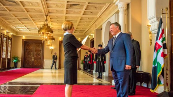 Jordan's King Abdullah II receiving the credentials of the newly-appointed Ambassador of the Federal Republic of Germany to Jordan, Ms. Birgitta Maria Siefker-Eberle. (German Jordanian University)