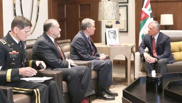 King Abdullah meets with US Undersecretary of Defence for Policy John C. Rood and Gen. Joseph Votel, commander of the US Central Command, in Amman on June 20, 2018. (JT)