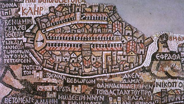 The mosaic map on the floor of the Byzantine church of St George in Madaba, Jordan (Wikimedia Commons)