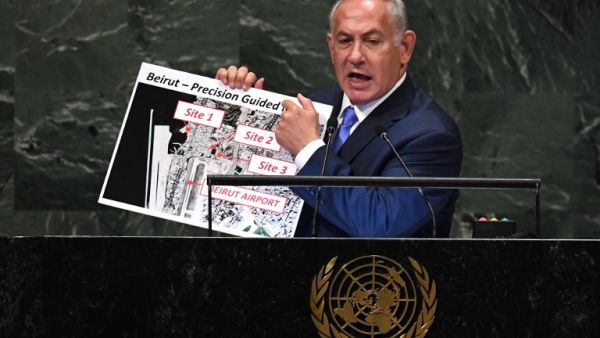 Israeli Prime Minister Benjamin Netanyahu addresses the General Assembly at the United Nations in New York September 27, 2018. (TIMOTHY A. CLARY / AFP) 