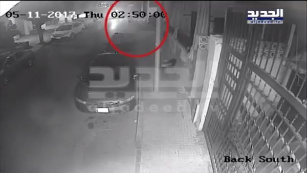 Screenshot of CCTV video purporting to show the arson attack on Al-Jadeed (Twitter)