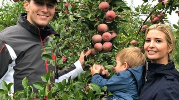 Ivanka Trump wished her 4.4million Instagram followers a Happy Jewish New Year on Sunday sharing a sweet snap holding her son Theodore James and posing with husband Jared Kushner (Instagram)