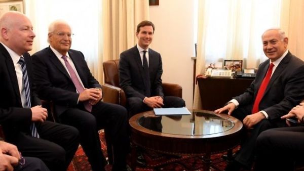 (From L) Trump's special envoy Jason Greenblatt, US Ambassador to Israel David Friedman and Jared Kushner with Israeli Prime Minister Benjamin Netanyahu in June 21, 2017, (Matty Stern/US Embassy Tel Aviv)