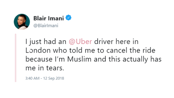 Blair Imani who is a British Muslim queer activist tweeted about how she encounter a racism act based on her religion by an Uber driver. (Twitter/@BalirImani)