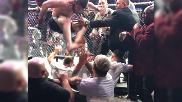 Screenshot taken from the viral video of the brawl when Khabib attacked Dillon Danis, McGregor’s team-mate. (Social media)