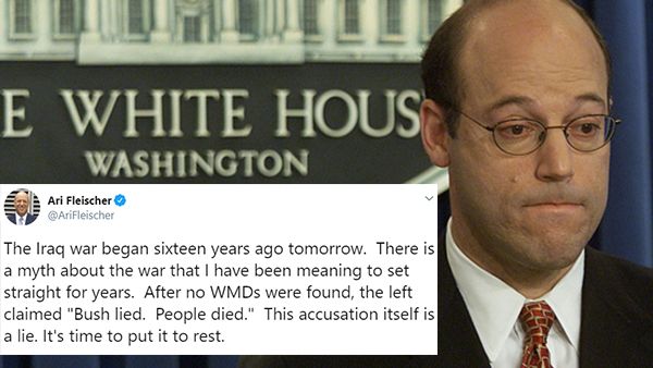 Bush’s press secretary during the Iraq war, Ari Fleischer went to Twitter on Wednesday and on the war anniversary to defend himself and his colleagues against “accusations” of being liars after no WMDs were found in Iraq.