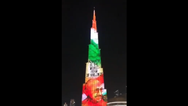Screenshot from the videos shared of Dubai's Burj Khalifa celebrating Mahatma Gandhi's birthday.