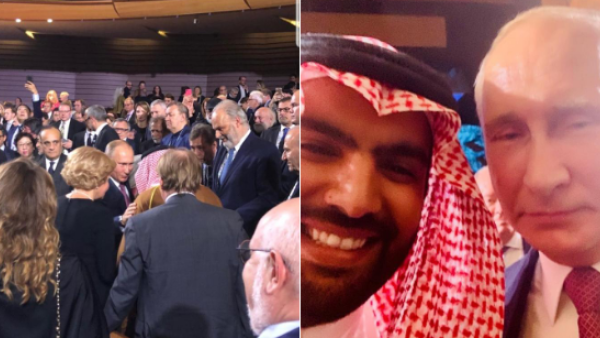 Saudi Minister of Culture Prince Badr bin Abdullah bin Farhan with Russian President Vladimir Putin in St. Petersburg. (Twitter)