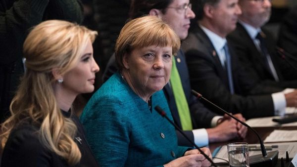 German Chancellor Angela Merkel sitting next to US President Donald Trump's daughter, Ivanka, during Merkel's visit to the US on March 17, 2017. (AFP)