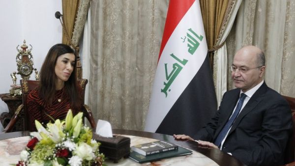 Iraqi President Barham Saleh meets with Iraqi Nobel laureate Nadia Murad in Baghdad on December 12, 2018. (AFP)