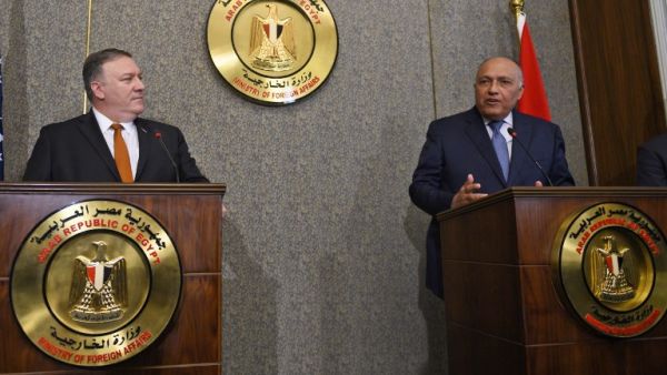 US Secretary of State Mike Pompeo (L) holds a joint press conference with Egyptian Foreign Minister Sameh Shoukry at the ministry of foreign affairs in Cairo on January 10, 2019. (AFP)