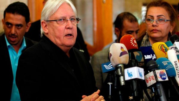 United Nations Special Envoy to Yemen Martin Griffiths speaks to the press upon his arrival at Sanaa international airport on March 24, 2018. (Mohammed Huwais / AFP)
