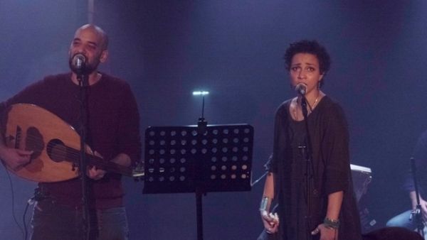 Tamer Abu Ghazaleh and Mariam Saleh front the Lekhfa gig at Beirut&Beyond, Saturday evening. (Photo by Lara Nohra, courtesy of Metro al-Madina)